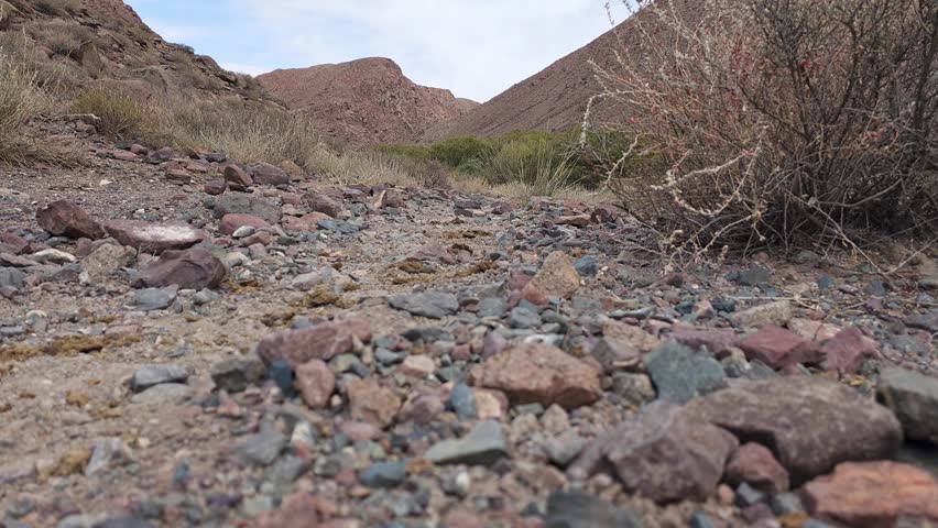 Adult man walks along a hiking trail in mountainous terrain. Daylight illuminates the scene, reflecting adventure and exploration.