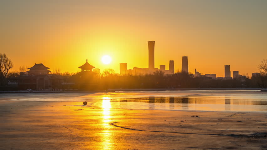 Sunset over Shichahai and the CBD skyline in Beijing, China, in one frame.