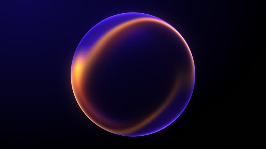 Shiny energy plasma particles orb on dark minimalitic business background. Gradient neon flowing magic sphere with purple and blue shiny waveforms. 4k 60fps looped graphic.