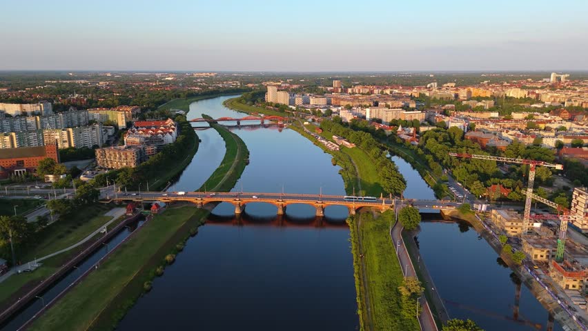 Wroclaw Cityscape, Travel Tourism, Orda River Bridge Crossings, Aerial