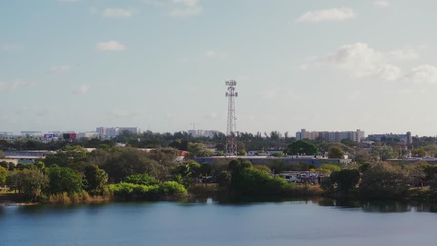 Aerial view of cell tower and water, United States.