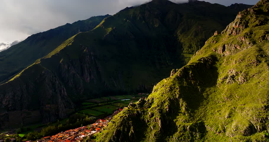 Sunset aerial view of lush mountainous terrain around Ollantaytambo, Peru