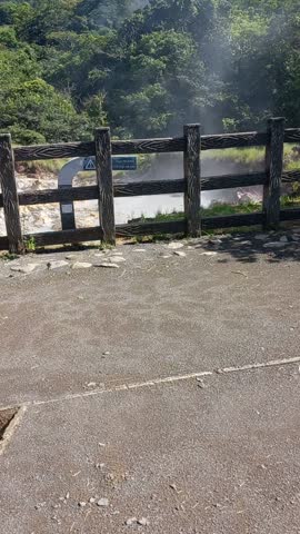 Close up of bubbling mud pots and sulfuric steam rising from fumaroles on the 3.5 km loop trail, Las Pailas sector, Costa Rica volcanic landscape.