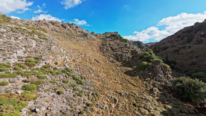 Aerial view of mountains and sparse trees, Greece.