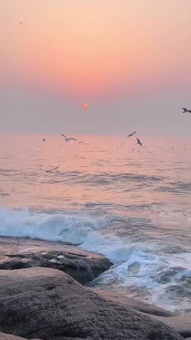 A beautiful slow-motion shot of seagulls soaring above crashing waves on rocky shore under a glowing red sun at dawn in Qinhuangdao, China.