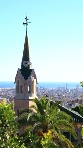 aerial view of Barcelona cityscape with Gaud� House Museum in the foreground, Spain