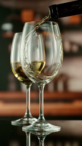 Close-up of white wine pouring into glass , slow motion, filmed on high speed cinematic camera at 1000 fps