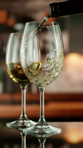 Close-up of white wine pouring into glass , slow motion, filmed on high speed cinematic camera at 1000 fps