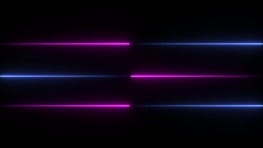 abstract, futuristic technology background with glowing neon light geometric lines. It consists of horizontal lines of blue and magenta neon lights against a black background. 