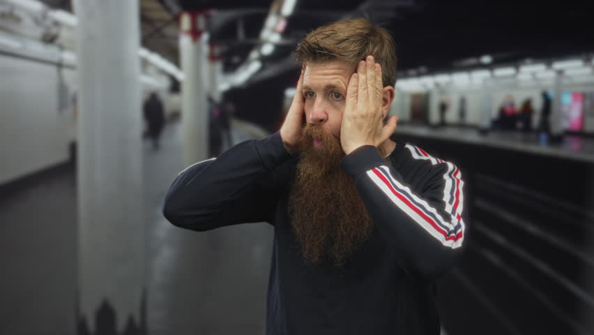 Young bearded man holds face on train station platform by railway tracks under artificial lights; surprise.