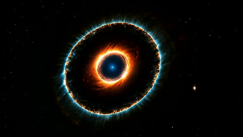 An astronomical phenomenon consisting of concentric, luminous disks. At its center is a bright blue core surrounded by a ring of intense golden-orange light.