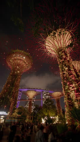Vibrant evening light spectacle at Gardens by the Bay Singapore showcasing glowing trees and modern travel attraction in Asia