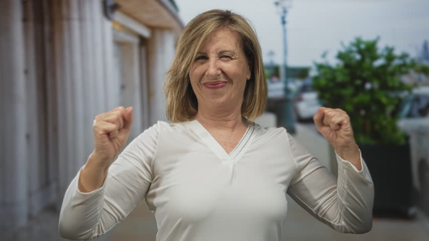 Woman fists clenched hands raised high on city street with building facade behind; victory triumph joy energy.
