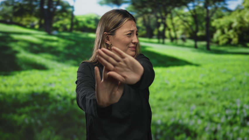 Blonde young woman covering eyes with hands and wiping tears in a sunlit green park with trees and grass; private sadness.