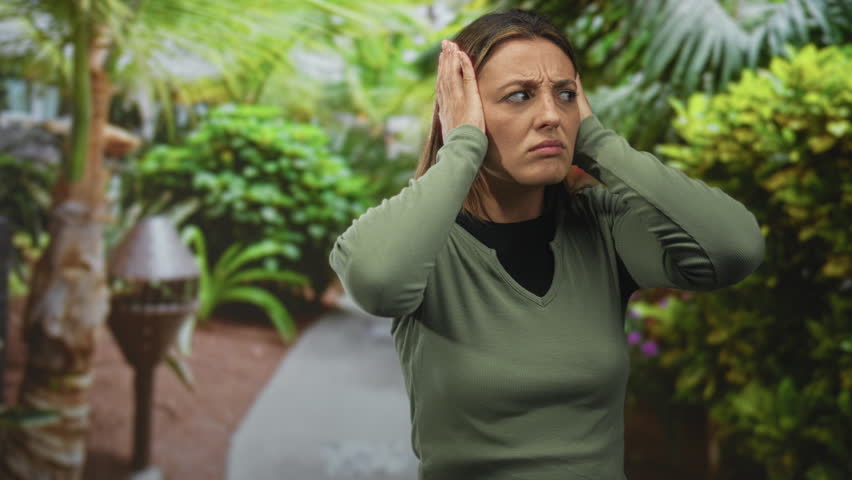 Woman covering ears with hands on a park path amid green foliage in forest setting; anxiety overwhelm.