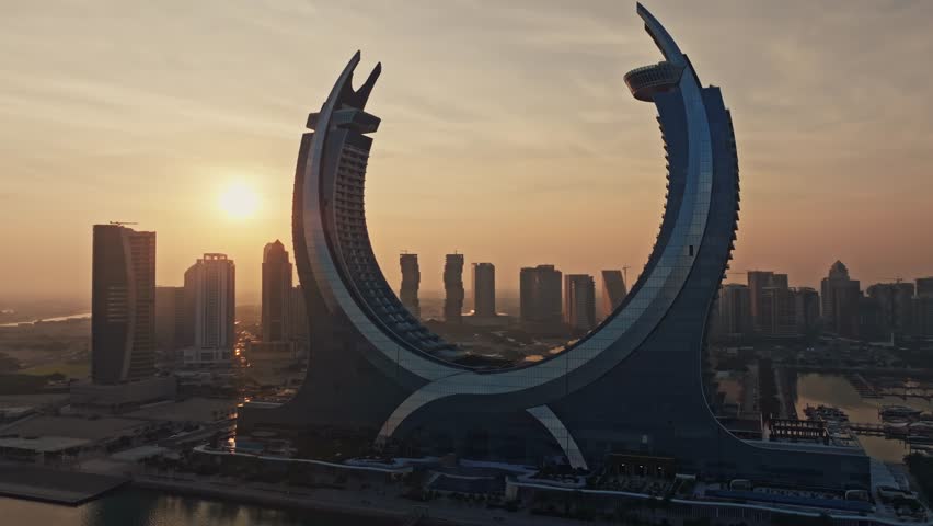 two luxury hotels Raffles Doha and Fairmont Doha, Lusail Towers, at sunset Time
