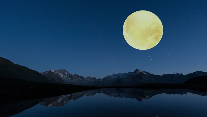 A breathtaking night scene featuring a luminous full moon casting its glow over a tranquil lake, with the dark silhouettes of mountains forming a majestic backdrop under a starry sky.