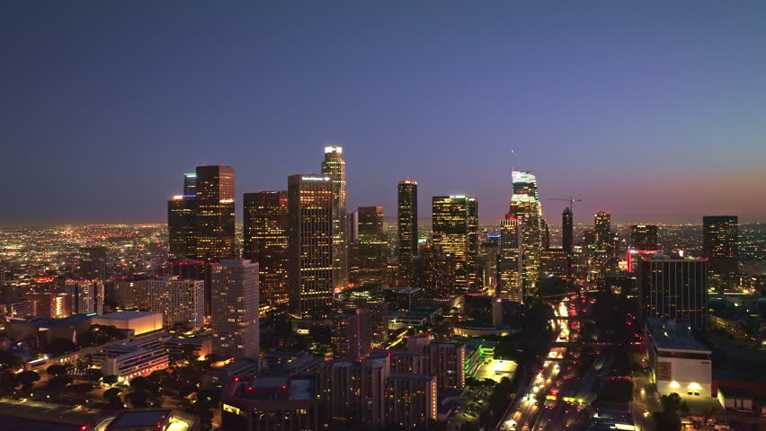 LA skyline aerial video. Downtown Los Angeles lights. Los Angeles night timelapse. Night aerial view of LA. Los Angeles urban nightscape. Los Angeles at night panorama.