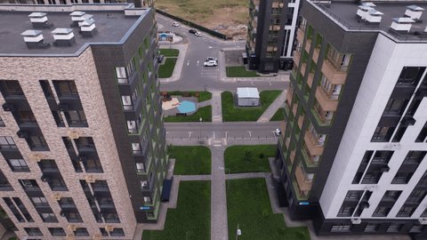 Drone Circling Residential Complex Courtyards Buildings