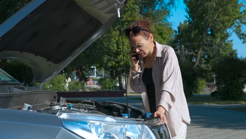 Worried woman calling for assistance with broken down car. On a sunny day, a woman stands next to her broken-down car with the hood open, making a phone call while looking concerned
