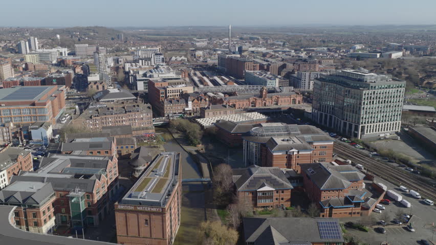 Establishing aerial view of Nottingham, city in the East Midlands of England, United Kingdom
