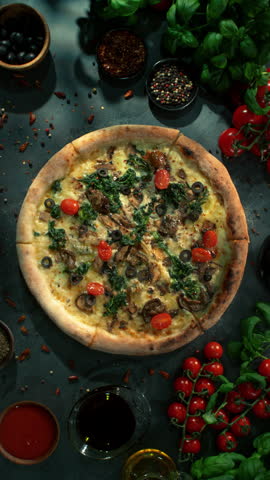 Rotating Fresh Vegetarian Pizza, Endless Loopable Slow Motion Shot.