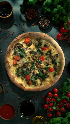 Rotating Fresh Vegetarian Pizza, Endless Loopable Slow Motion Shot.