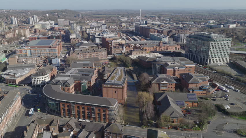 Establishing aerial view of Nottingham, city in the East Midlands of England, United Kingdom