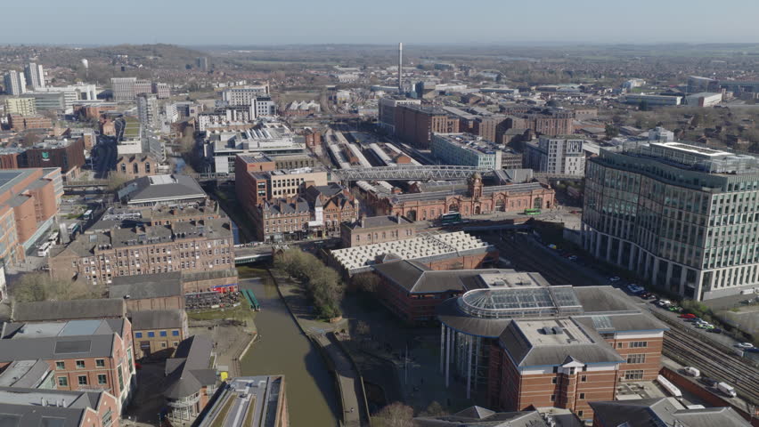 Establishing aerial view of Nottingham, city in the East Midlands of England, United Kingdom
