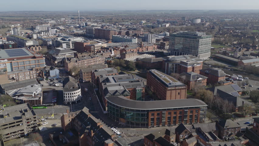 Establishing aerial view of Nottingham, city in the East Midlands of England, United Kingdom