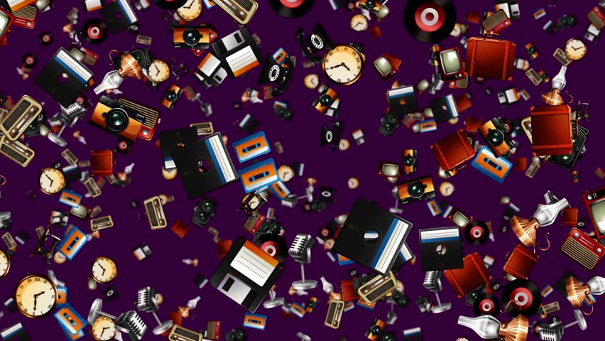 Vintage electronics and media items fall continuously through a dark purple space with flat lighting