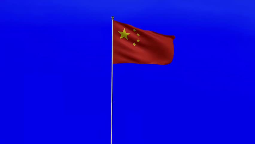 China national flag with red field and five yellow stars waving on tall pole against bright blue gradient background 