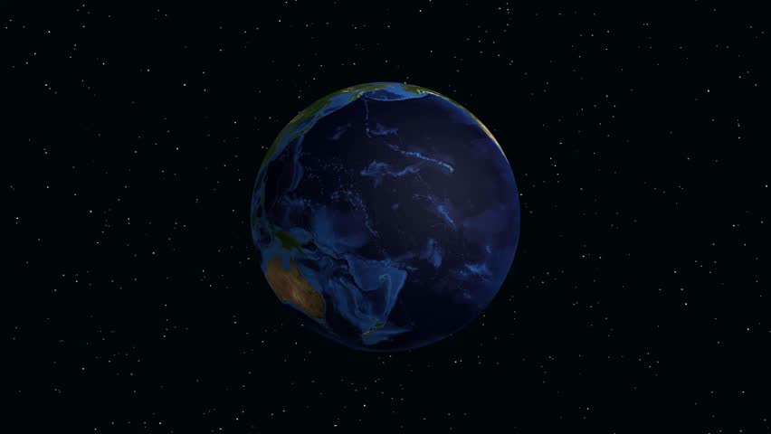 Digital animation zooms from outer space into North America, pinpointing Bakersfield, California with text