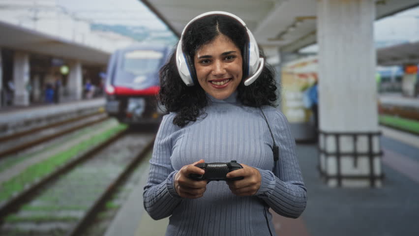 Young arab woman gamer with headset holding controller, hands on controller at train station building platform; excitement commute focus.
