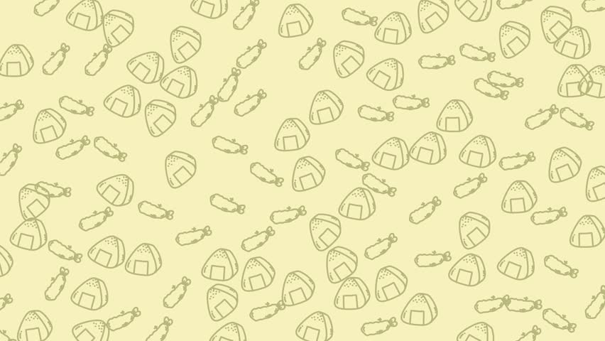 Cute hand drawn onigiri and tempura line doodles arranged in seamless pattern, playful Japanese food theme background.