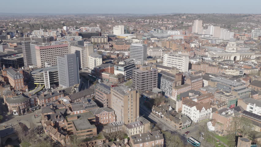 Establishing aerial view of Nottingham, city in the East Midlands of England, United Kingdom