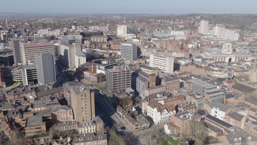 Establishing aerial view of Nottingham, city in the East Midlands of England, United Kingdom