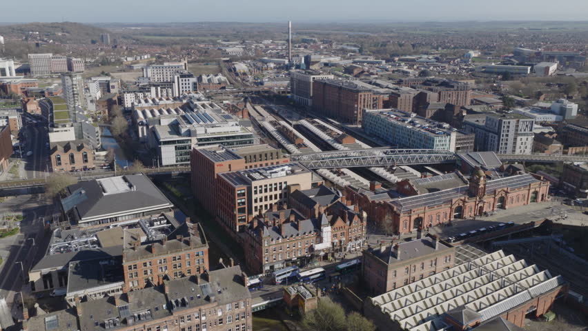 Establishing aerial view of Nottingham, city in the East Midlands of England, United Kingdom