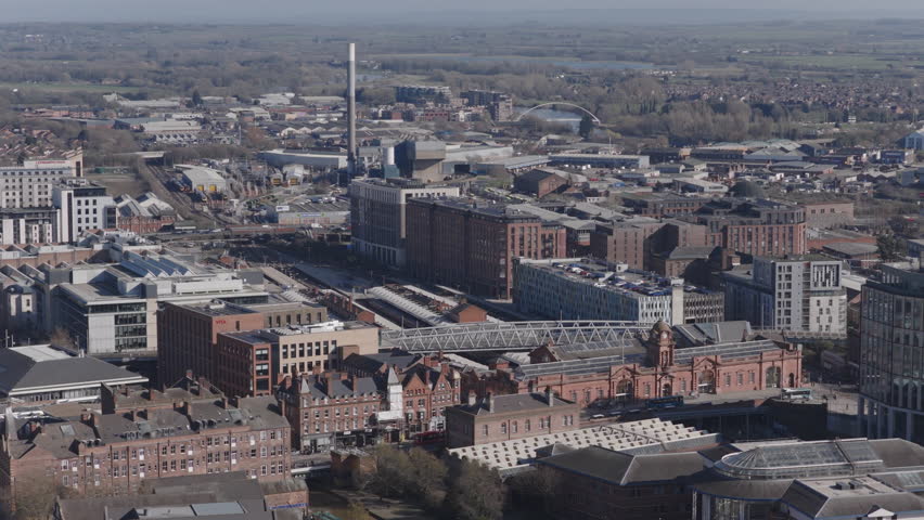 Establishing aerial view of Nottingham, city in the East Midlands of England, United Kingdom