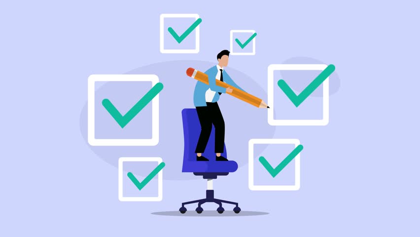 Businessman Standing on Office Chair Checking Off Tasks on Giant To-Do List Checklist cartoon animation