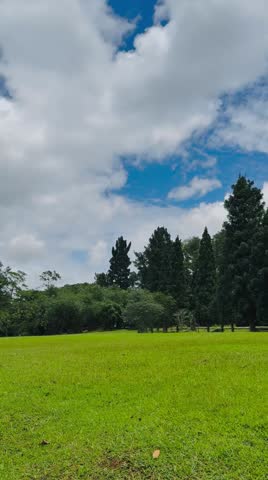 A breathtaking view of the botanical garden with the green lawn, trees, blue sky, and clouds.