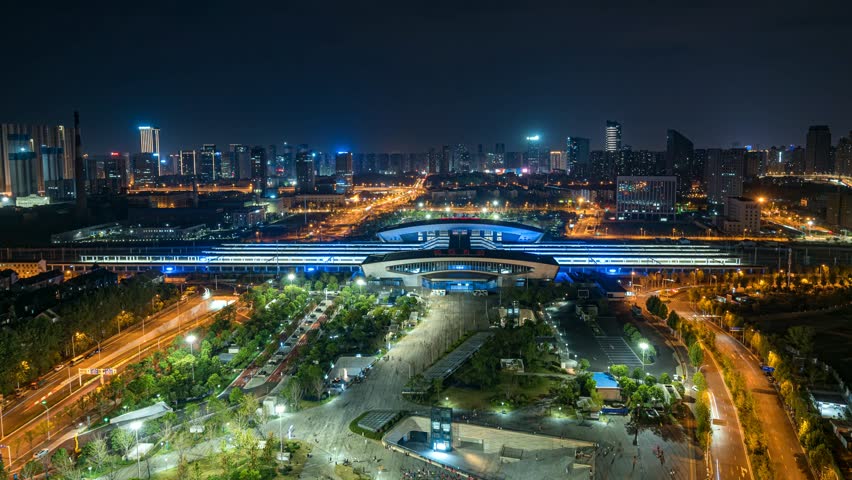 Night Time-lapse of Traffic at Wuhan East Railway Station, Hubei, China