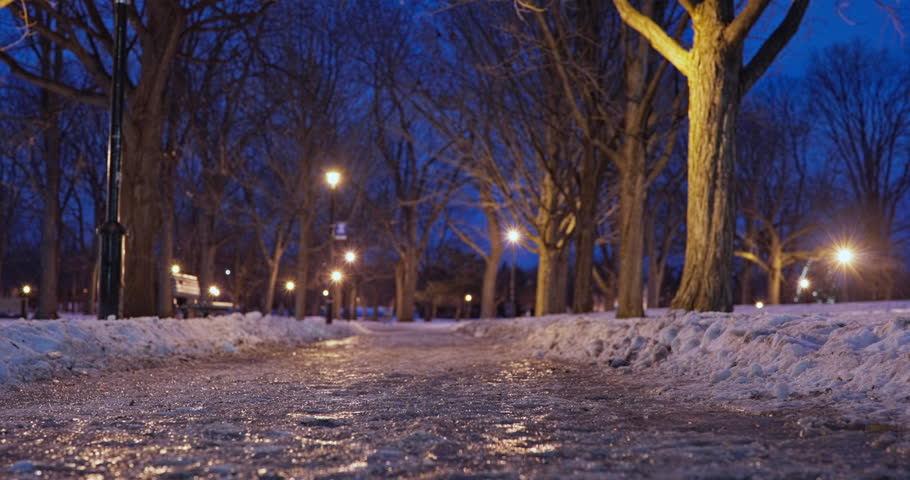 Warm park lampposts glow over an icy walkway, reflections shimmering on the slick surface in a calm winter evening, with a smooth lateral dolly move.