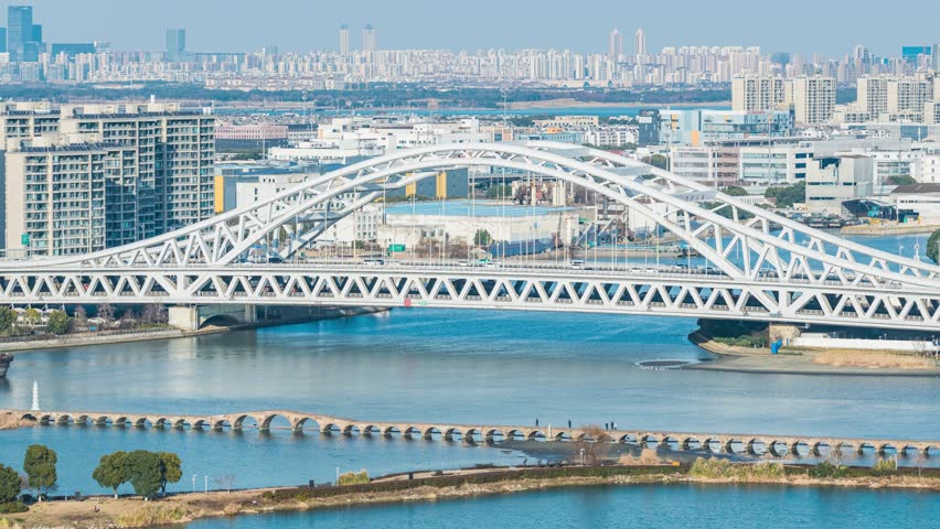 Time-lapse of Baodai Bridge and Xiagang Bridge over the Grand Canal in Suzhou, Jiangsu, China
