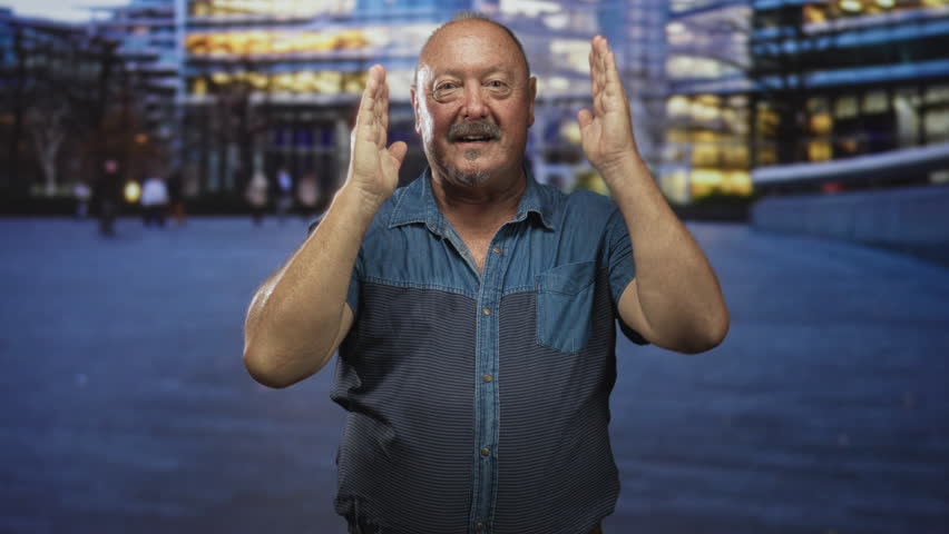 Man shielding eyes with right hand and framing face with left hand while standing before an illuminated office building at dusk; curiosity.