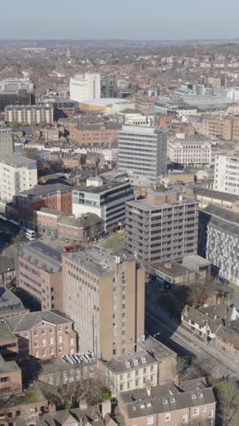 Vertical establishing aerial view of Nottingham, city in the East Midlands of England, United Kingdom