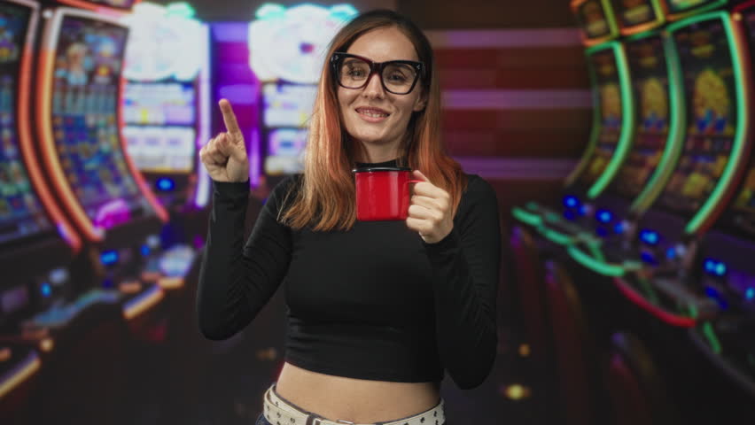Woman shows peace sign while holding a red mug and smiling amid slot machines in a building; playful leisure.