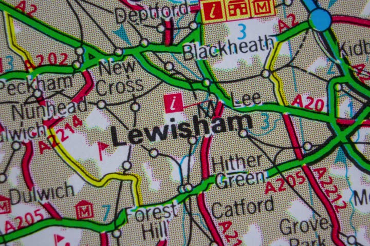 Lewisham - England, United Kingdom a colour atlas map town name of the area zoom in