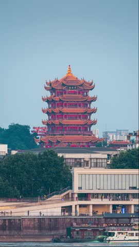 Vertical Time-lapse of Supermoon Rising Behind Yellow Crane Tower in Wuhan, Hubei, China