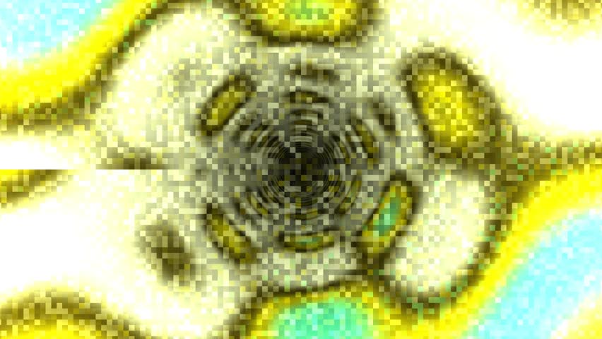 An abstract, circular pattern with a central dark core, radiating outwards with vibrant yellow and teal colors, creating a mesmerizing visual effect.